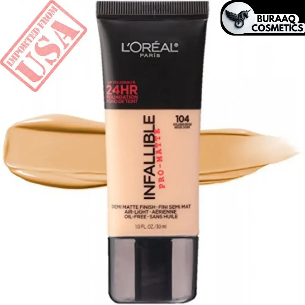 L'Oréal Paris Infallible Pro-Matte Foundation – 104 Golden Beige (30ml, Imported from USA)